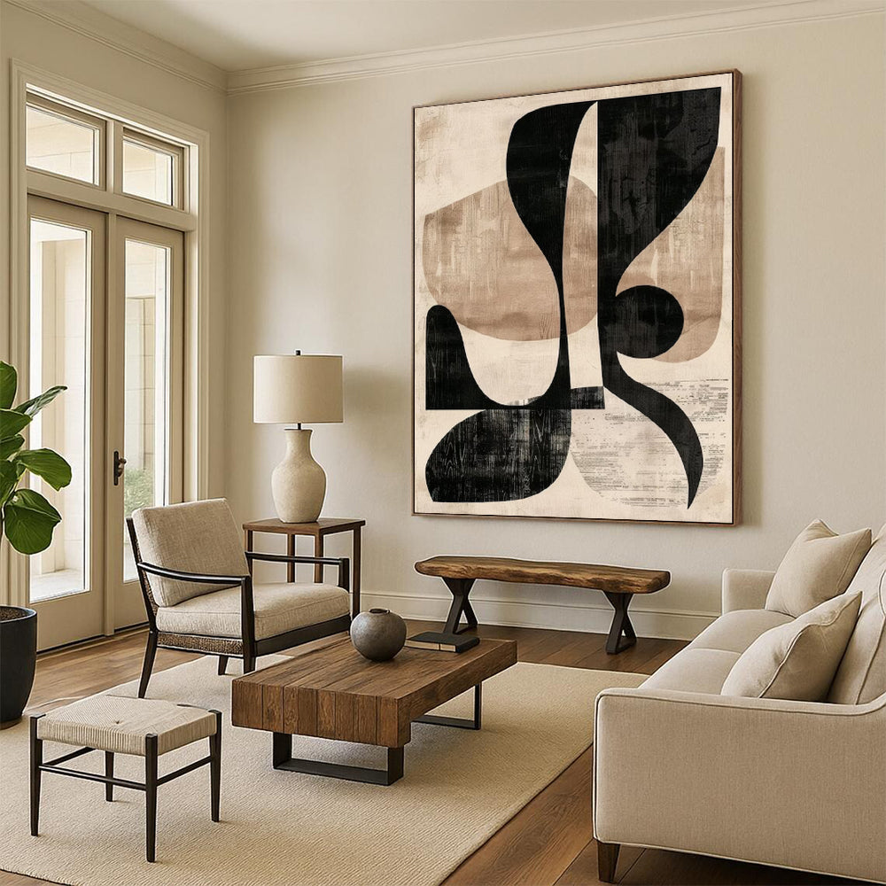 “Black & Beige Abstract Shapes: Retro Geometry” - Abstract Geometric Painting CT0385