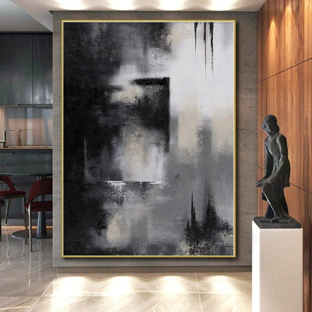 “Monochrome Mystery” - Abstract Painting with Black, White, Gray CT0076