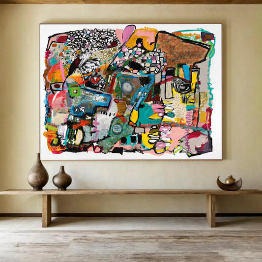 Colorful, complex abstract composition with various shapes and patterns CT1656