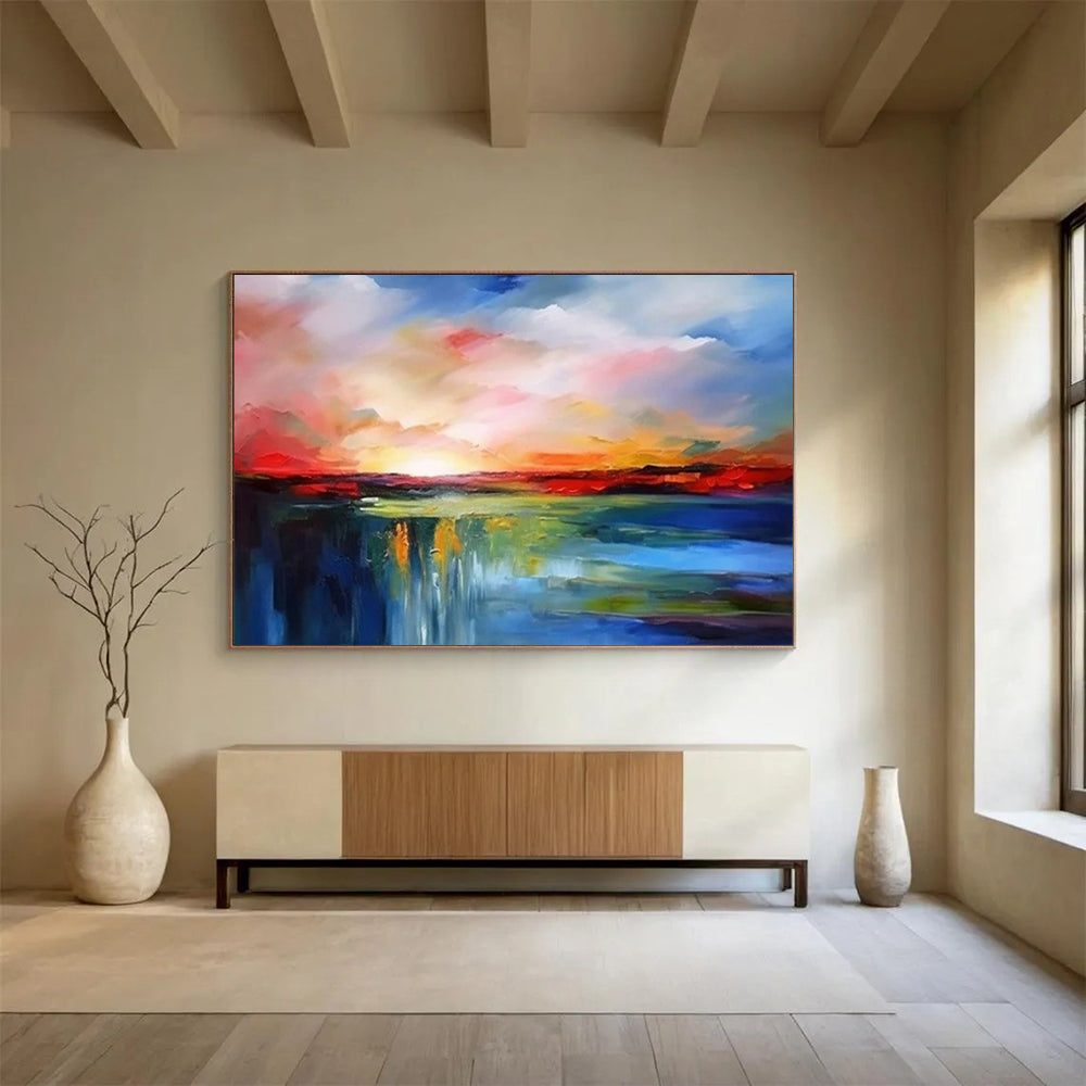“Fiery Sky Waterfall” - Reds, oranges, blues, greens; abstract sunset over a cascading waterfall CT1596