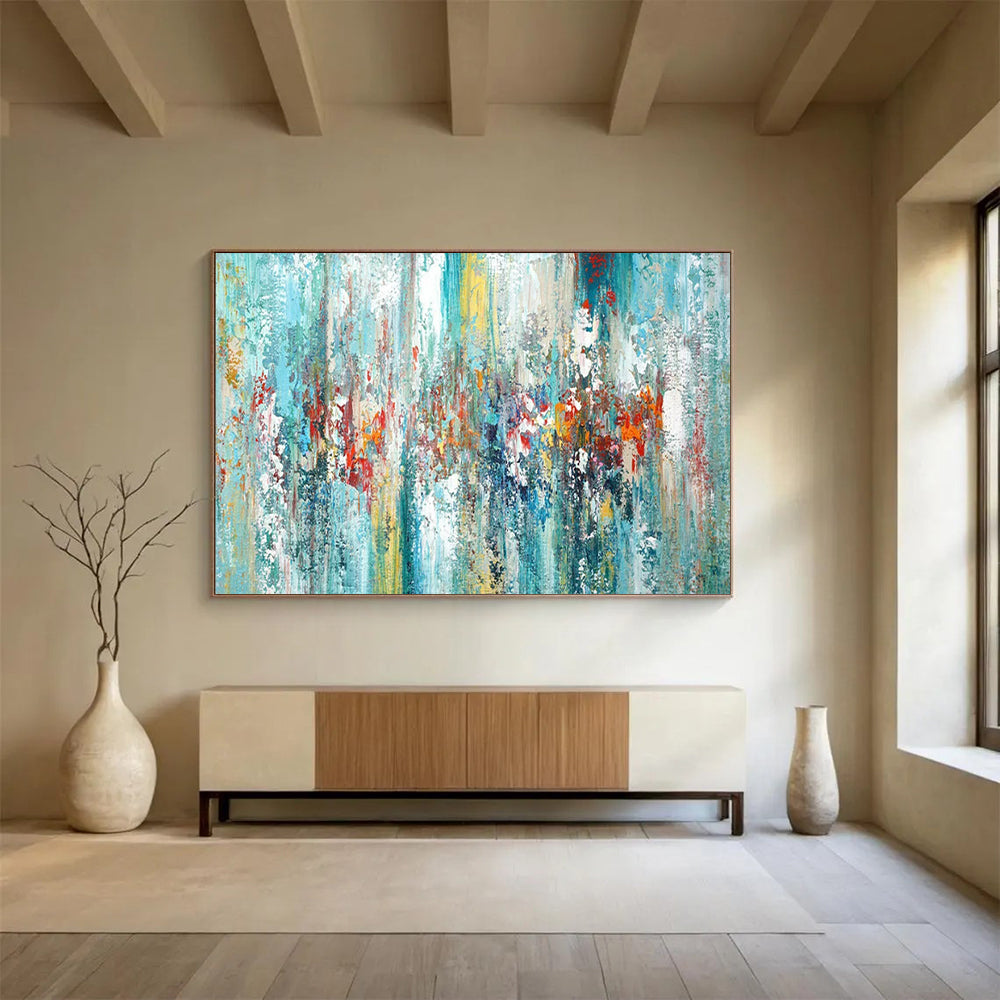 “Turquoise Abstract Symphony” - Turquoise, blues, reds, yellows; vertical, textured color streaks CT1599