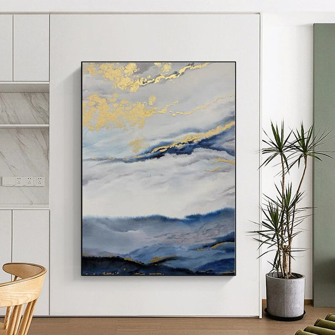 “Blue - White Clouds with Gold Streaks”,Abstract Landscape Acrylic Painting CT0584