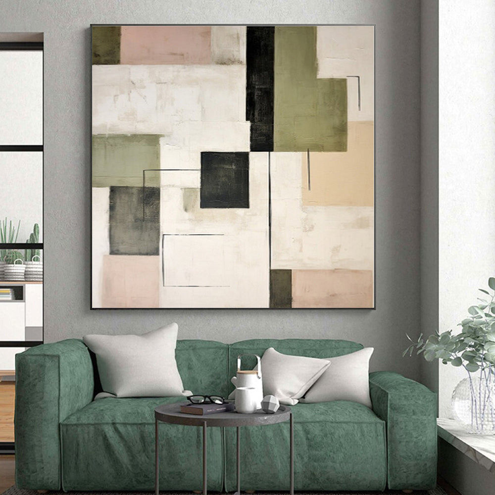 “Geometric Mix of Green, Black & Pastels” - Abstract Modernist Painting CT0397