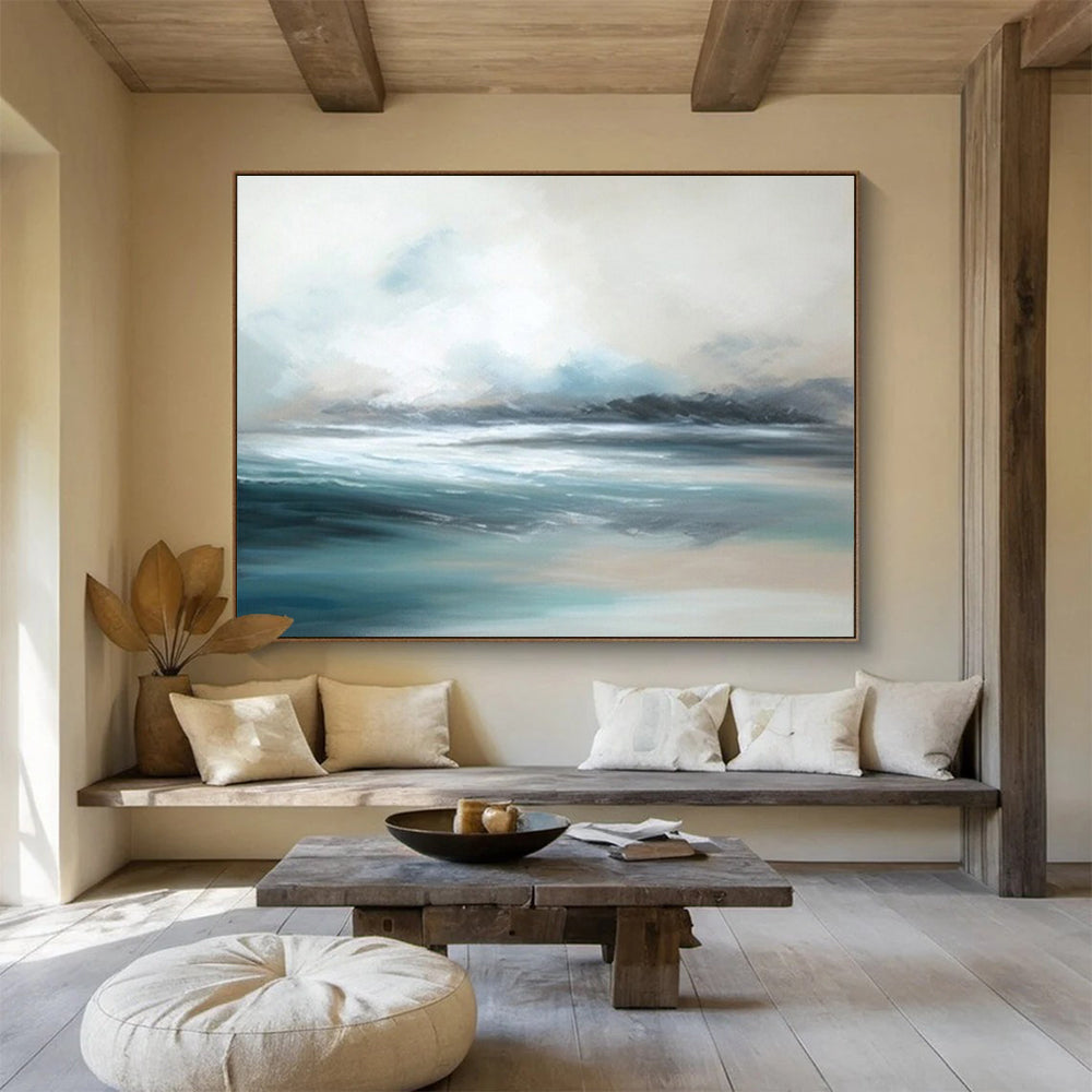 “Soft - Toned Seaside” - A hazy seascape in light blue, white, and gray CT1638