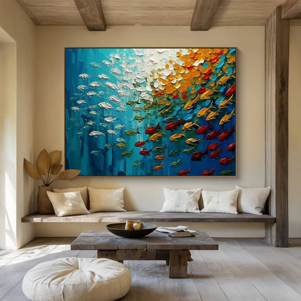 “Oceanic Symphony” – Deep blues, whites, oranges with thickly painted, swirling fish CT1689