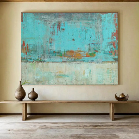“Turquoise Urban Abstract” - Turquoise, orange, beige; faded, abstract city scene CT1583