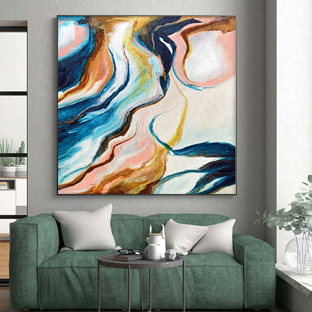 “Colorful Marble Flow” - Abstract Art with Blue, Pink, Yellow, Brown Swirls CT0033