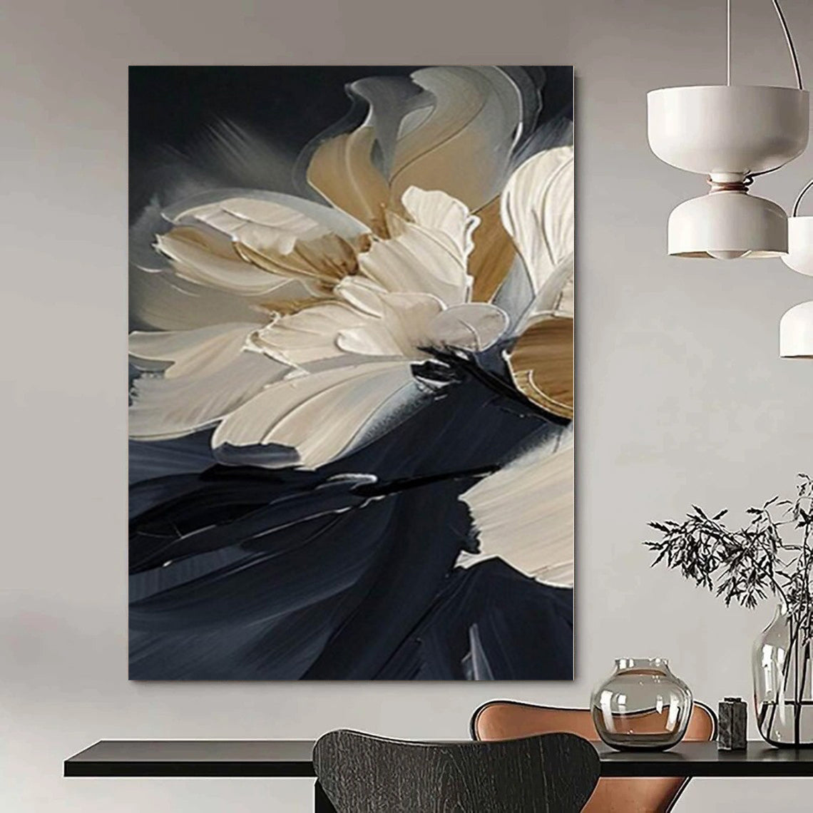 “Textured Beige - White Floral on Black” – Impasto Floral Painting CT1091