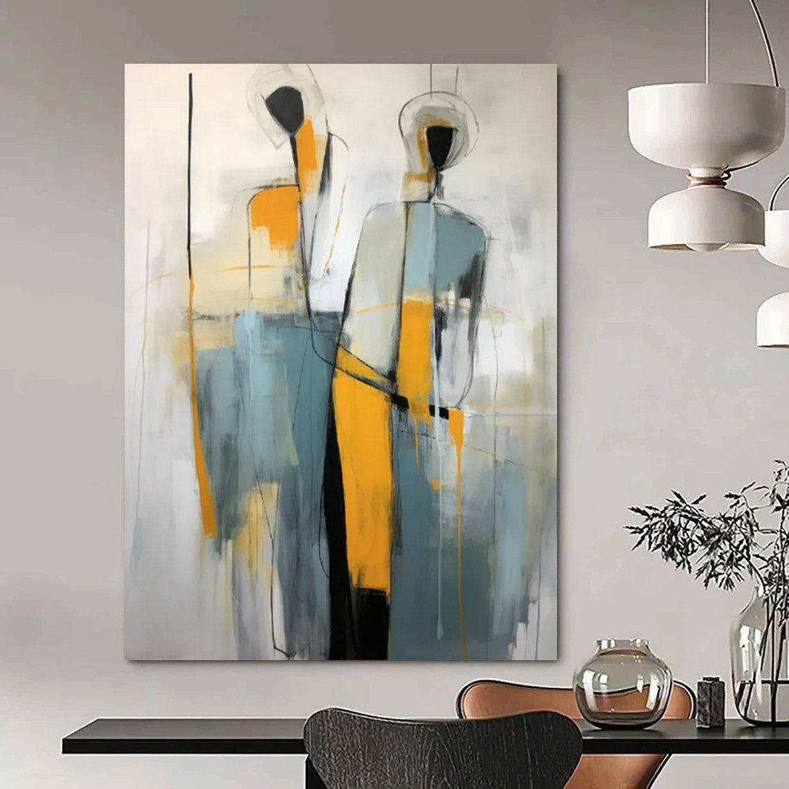 “Abstract Figures” - Gray, Orange & Blue Abstract Painting On Canvas CT2232