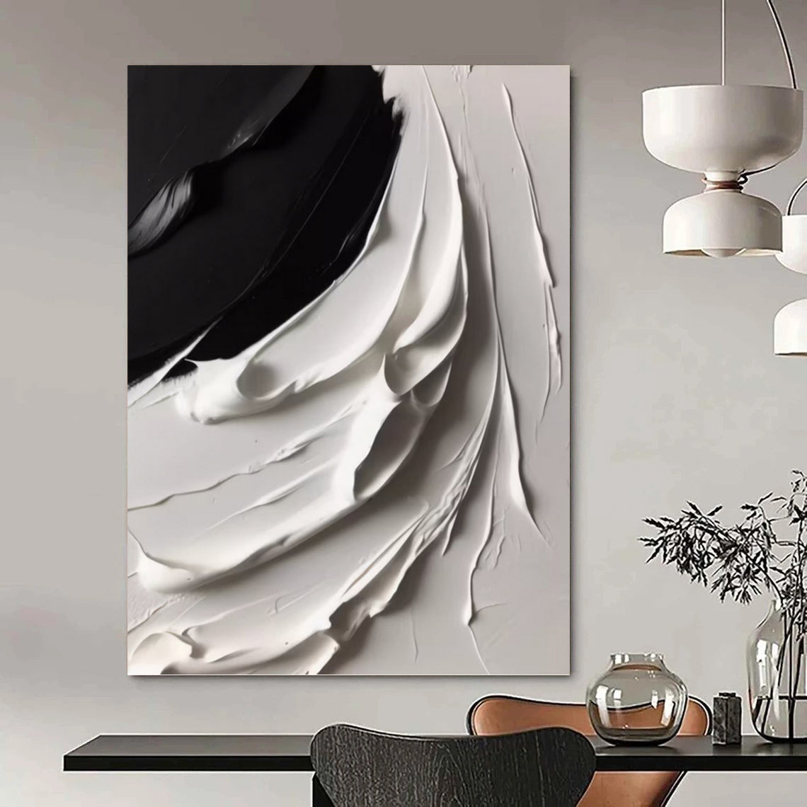 “Curved Black - White Layers” - Abstract Impasto Painting On Canvas DKH1670