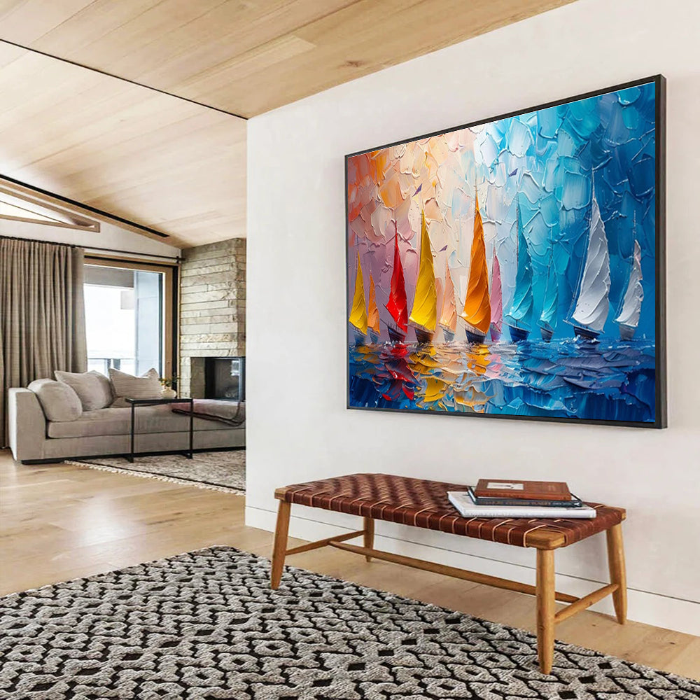 “Colorful Sailboats on Textured Sea” - Energetic Marine Painting On Canvas DKH800