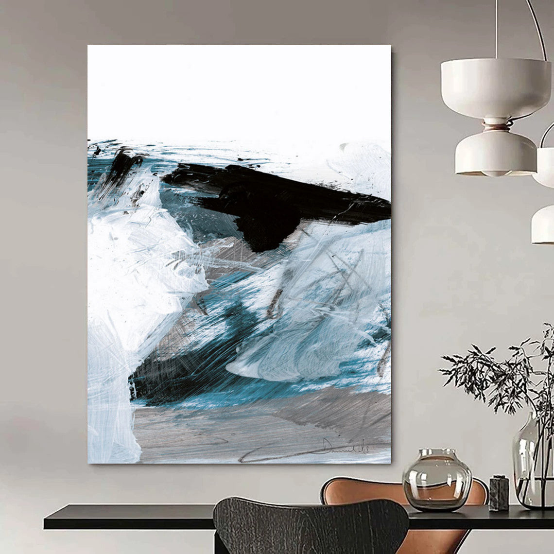 “Dynamic Blue Abstract Waves” - Blue, White, Black Abstract Painting On Canvas DTP220