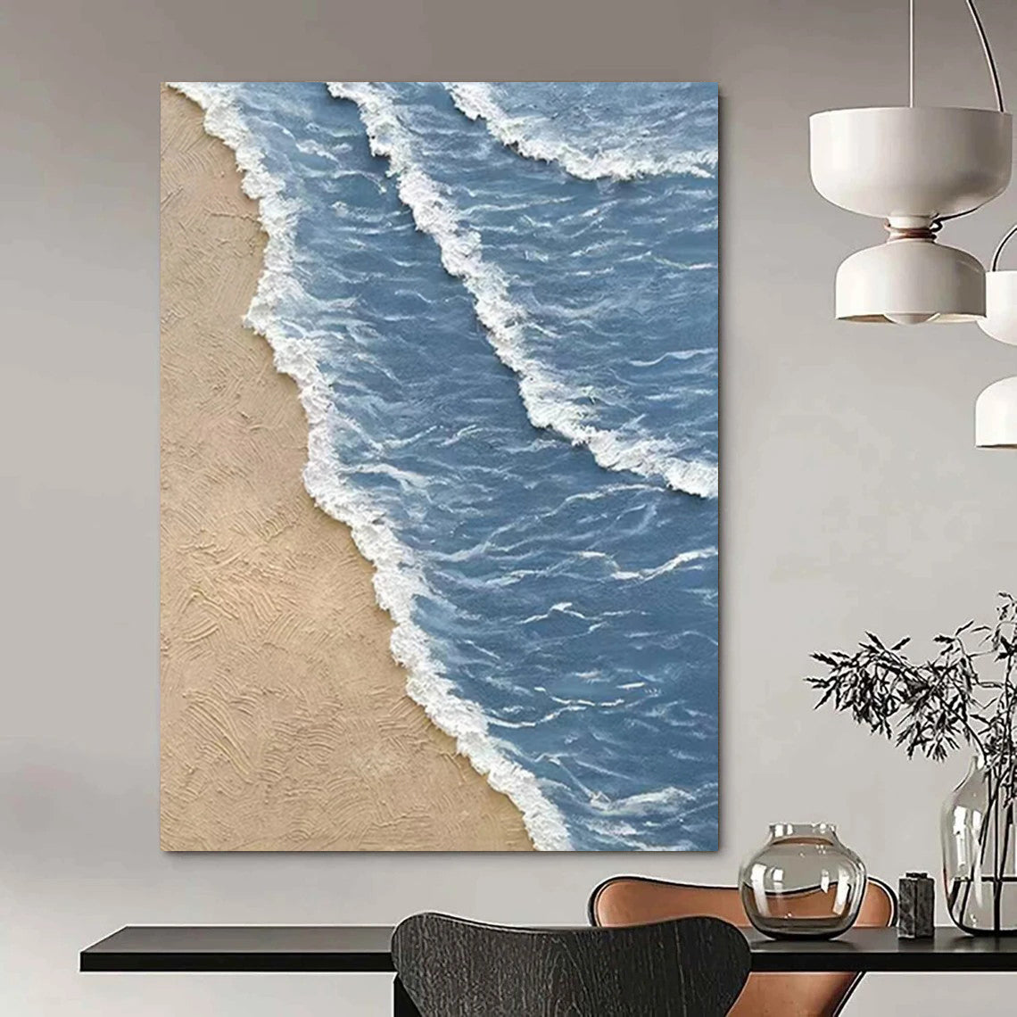 “Blue, White, Beige Textured Shore ‘Serene Coastline’” - Impasto Beach Painting On Canvas DTP333