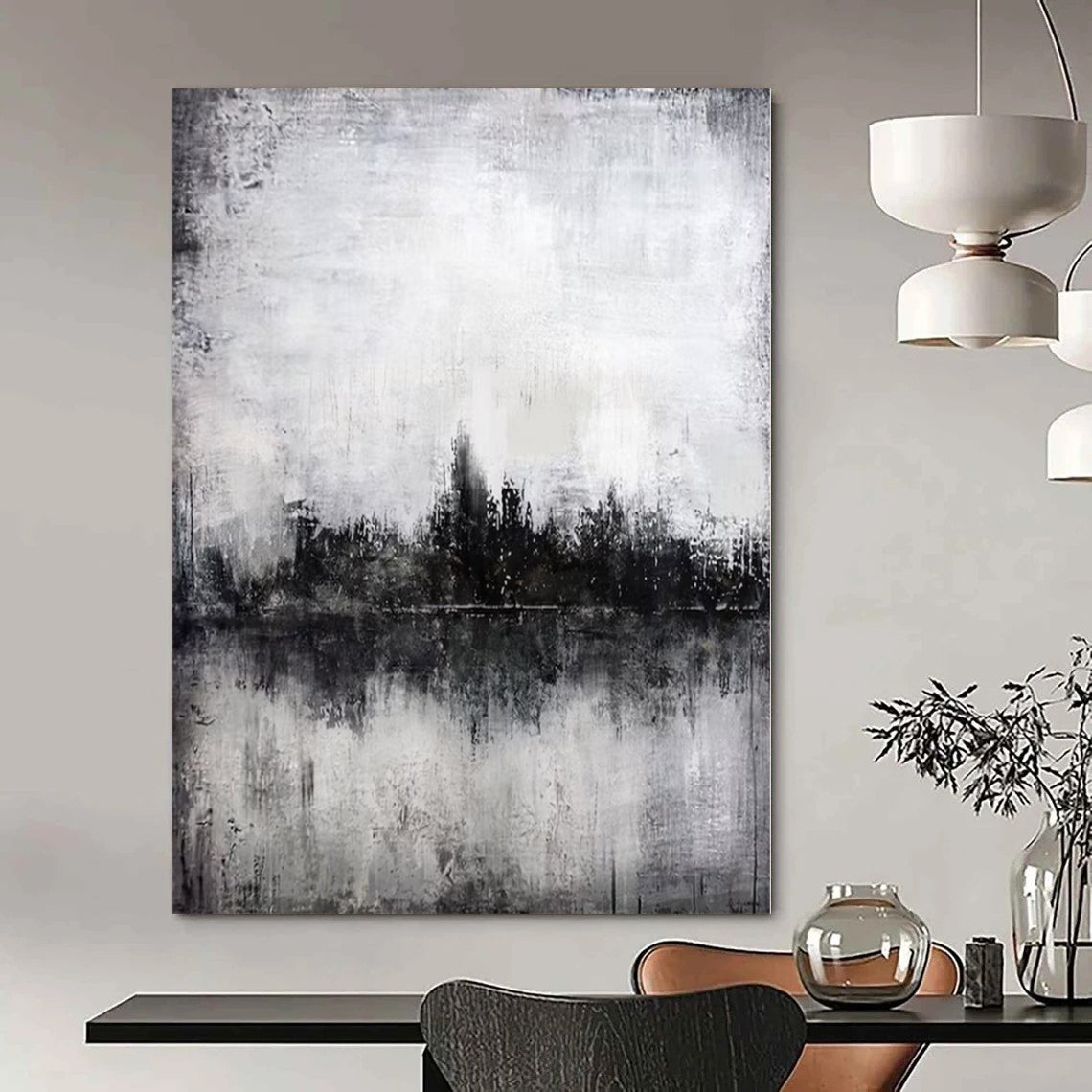 “Moody Black - White Cityscape Reflection” – Abstract Landscape Painting CT1090