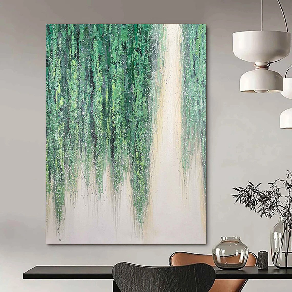 “Willow Whispers” - Green & White Hanging Foliage Painting On Canvas DKH1506