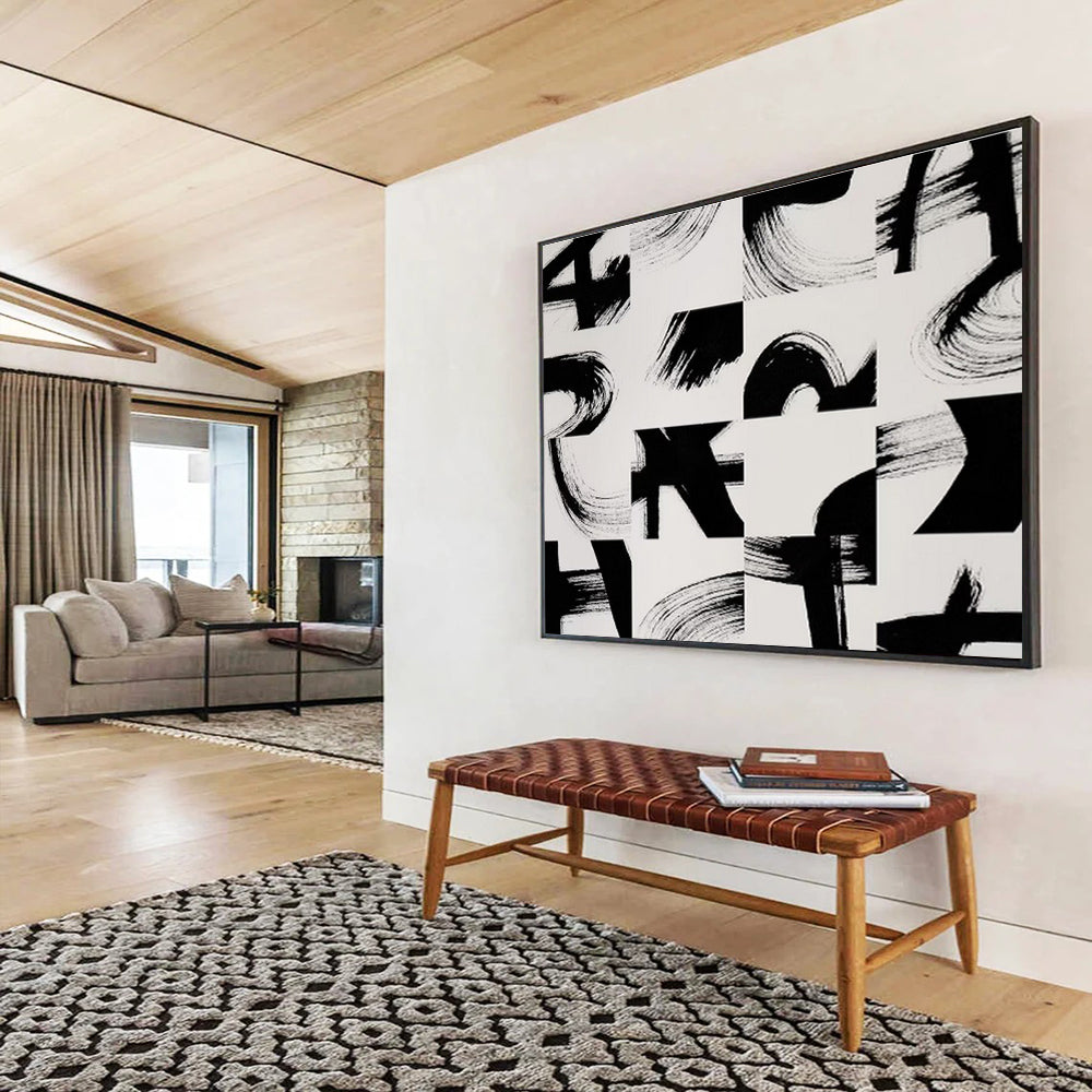 “Black - White Brush Strokes” Abstract Minimalist Painting On Canvas DKH447
