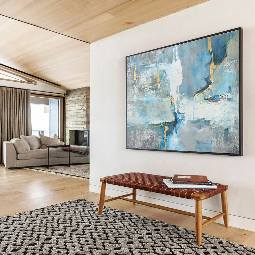 “Blue & Gold Abstract Flow” - Blue, Gray, Gold Abstract Expressionist Painting On Canvas DKH756