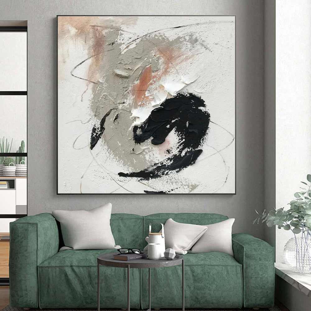 “Gray - Black - White - Peach Abstract Swirls” ,Abstract Acrylic Painting CT0809