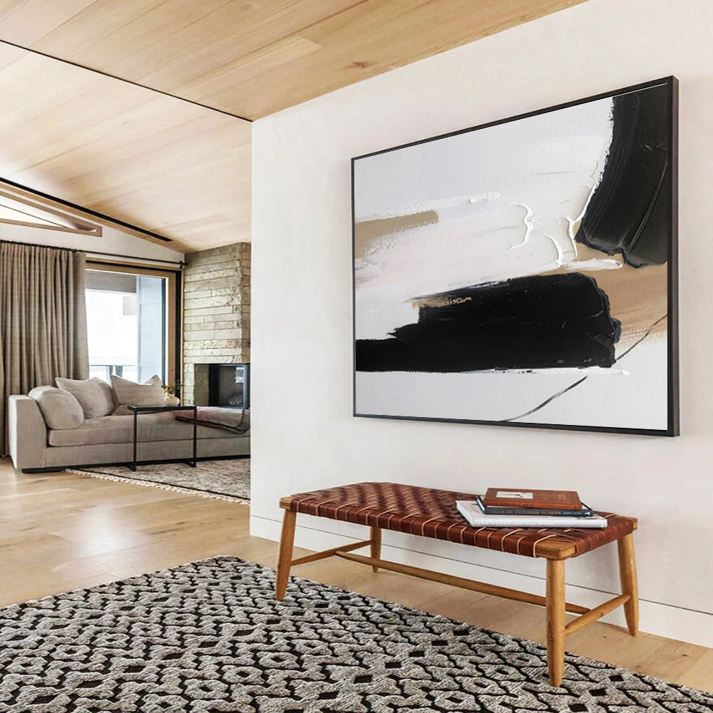 Contrasting Black and Beige Abstract Painting On Canvas DKH315