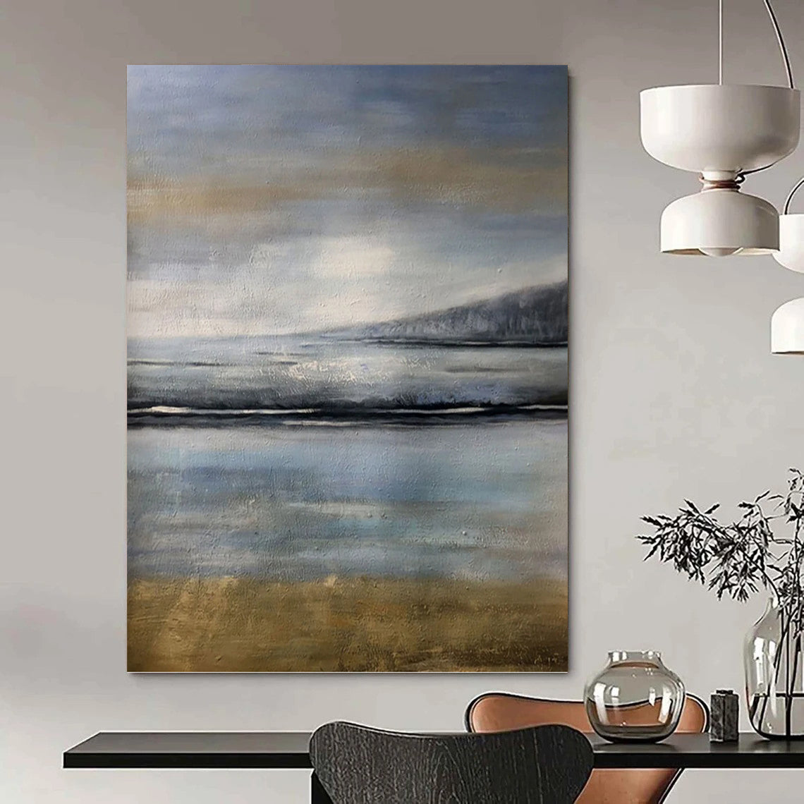 “Misty Coastal Blues” - Blue & Gray Abstract Seaside Landscape Painting On Canvas DKH1576