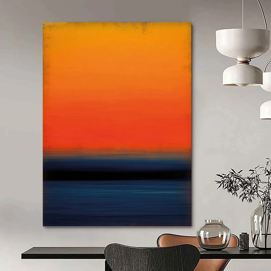 “Vibrant Sunset Stripes with Deep Blue” - Bold Color Field Sunset Painting On Canvas DKH1603
