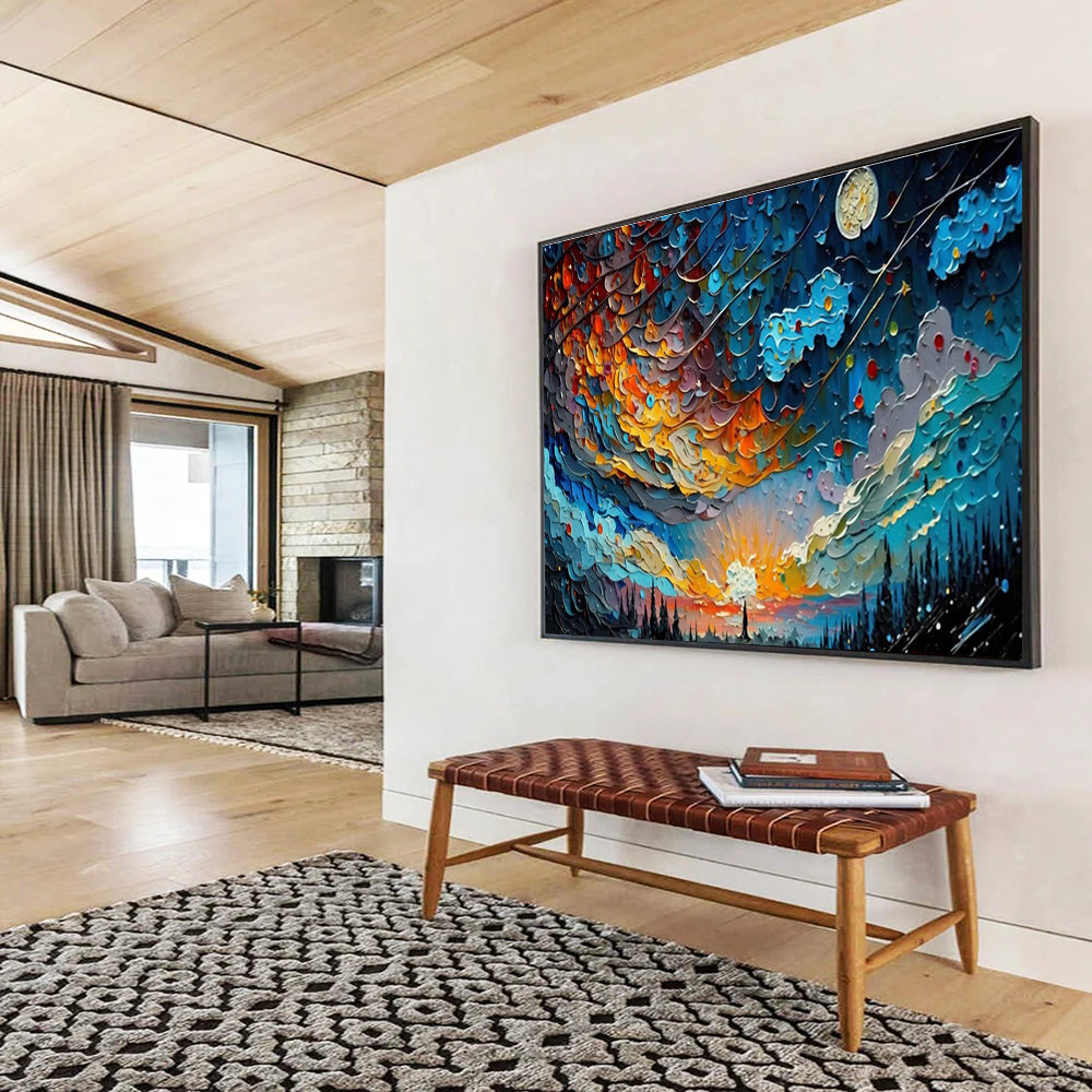 Starry Night Fantasy - Blue & Orange Textured Sky Painting On Canvas DKH878