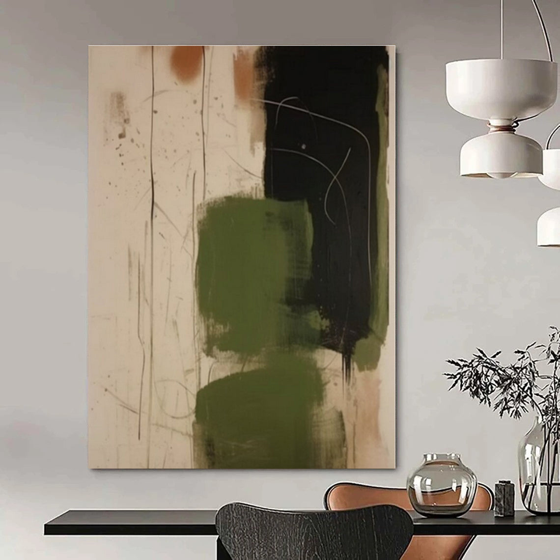 Green, Black & Rust Splashes - Abstract Expressionist Acrylic On Canvas CT1298