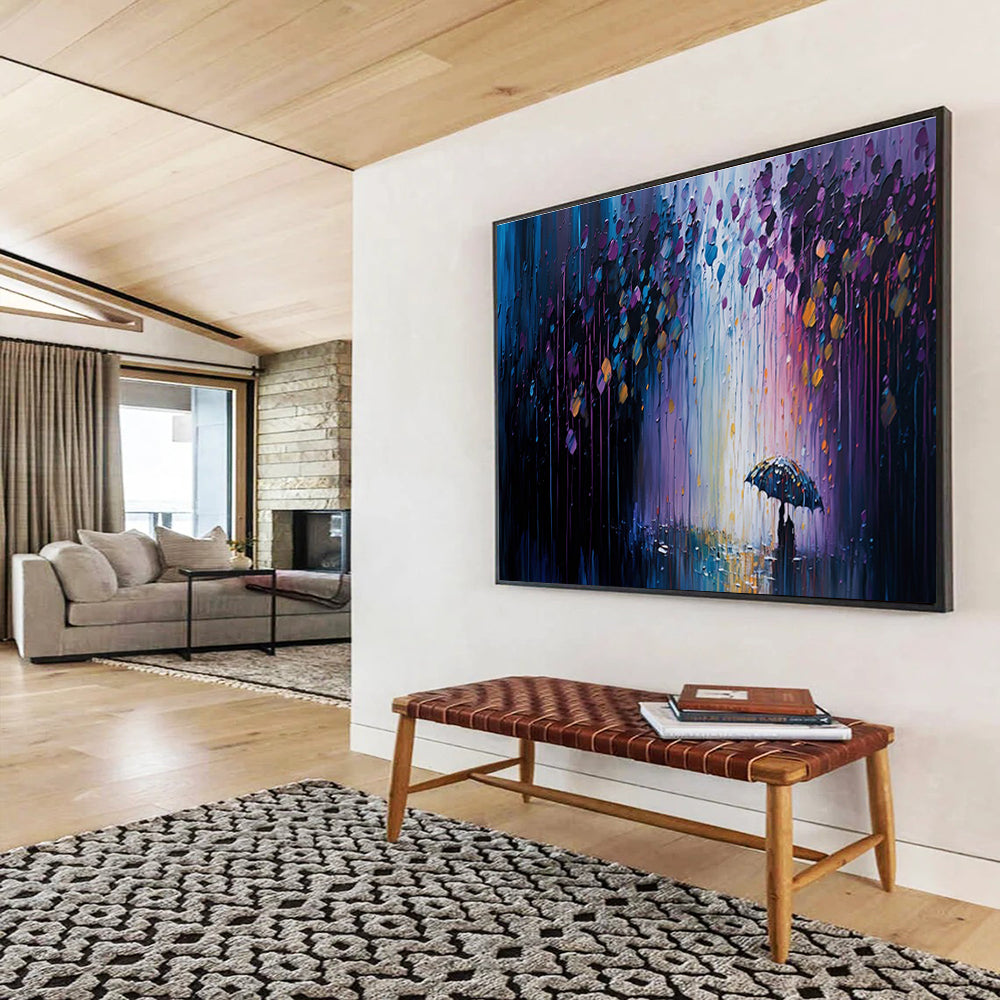 Rainy Night Stroll - Purple & Blue Impressionistic Cityscape Painting On Canvas DKH876