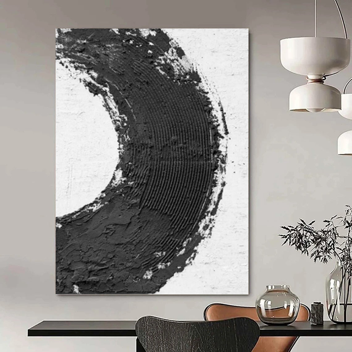 “Bold Black - White Circle” - Minimalist Textured Painting On Canvas DKH1675