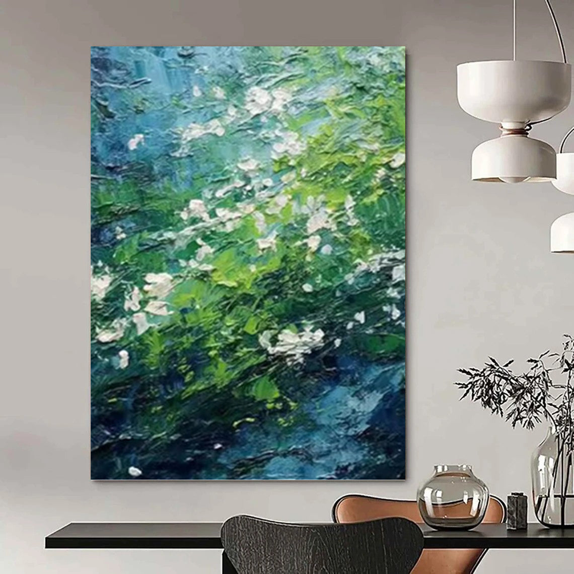 Green and Blue Floral Stream - Impasto Landscape Painting On Canvas DKH1404