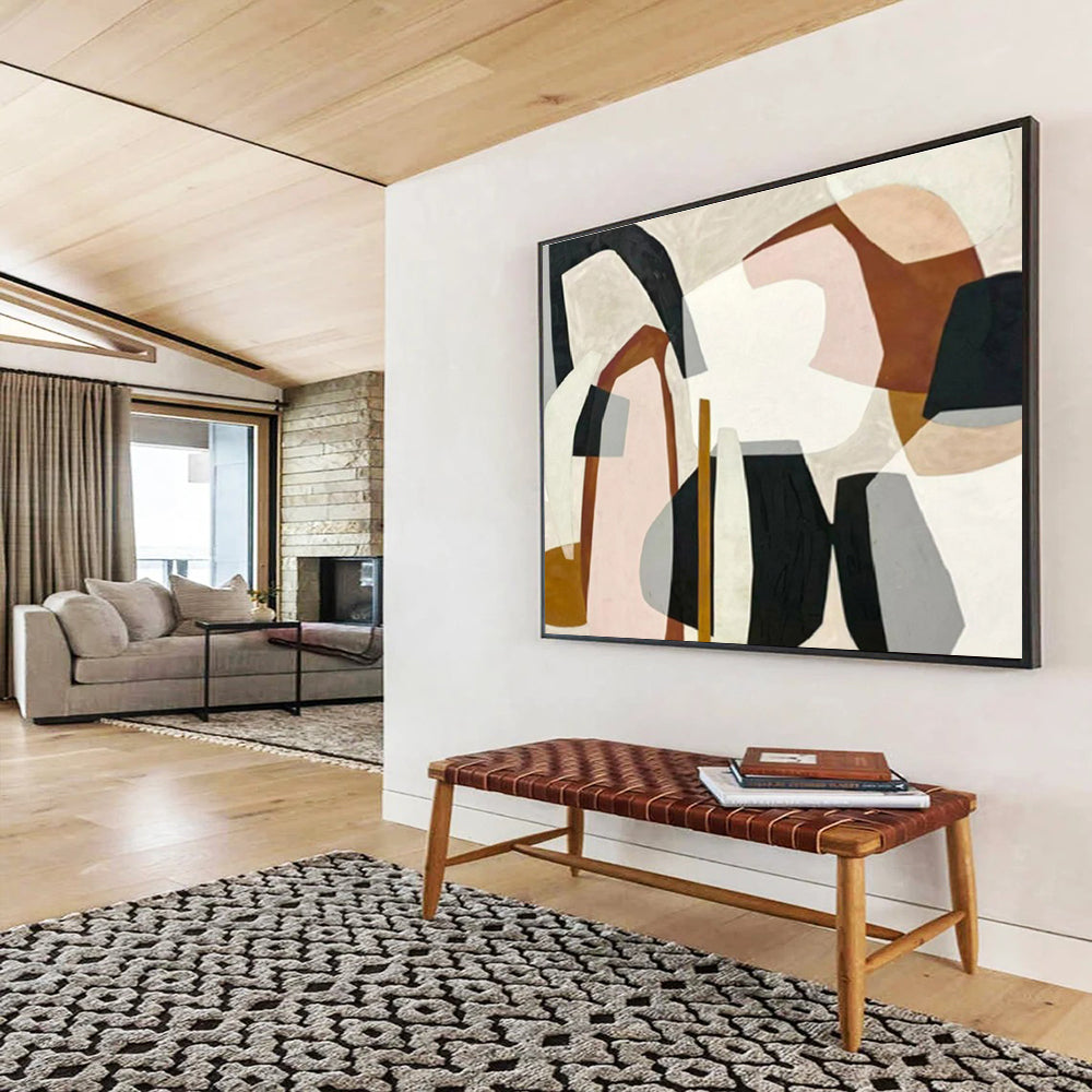 Soft - Toned Abstract Shapes with Beige, Pink, and Black, Minimalist Geometric Painting On Canvas DKH581