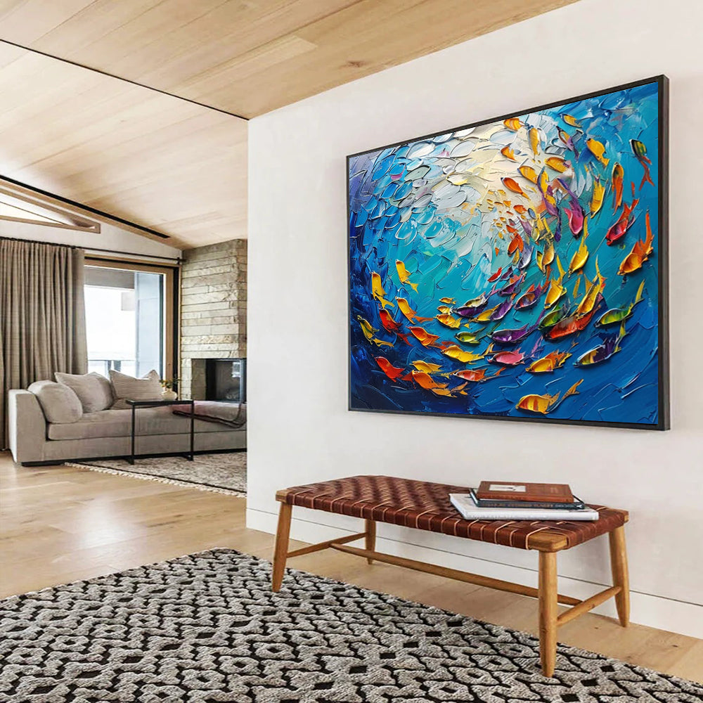 Textured Fish in Blue Sea - Impasto Marine Painting On Canvas DLZ199