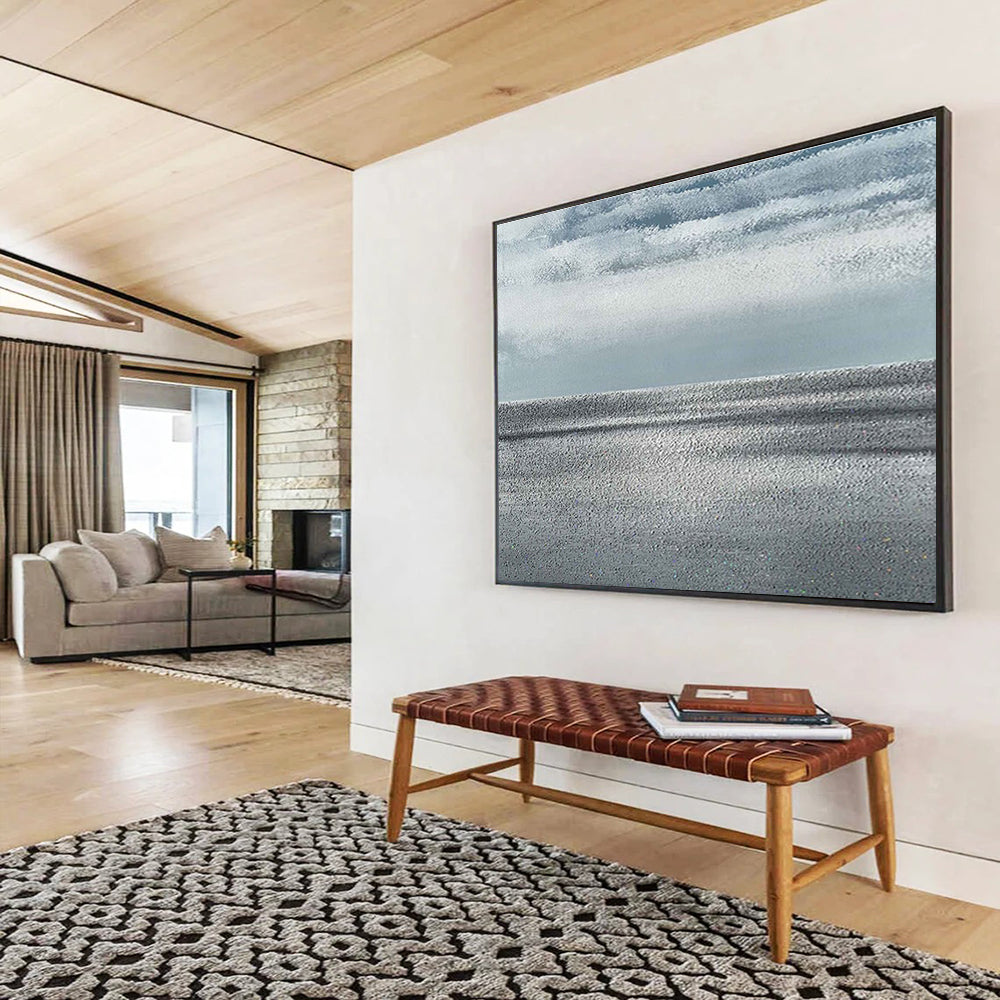 “Monochrome Sea & Sky” - Gray, White Minimalist Seascape Painting On Canvas DKH749