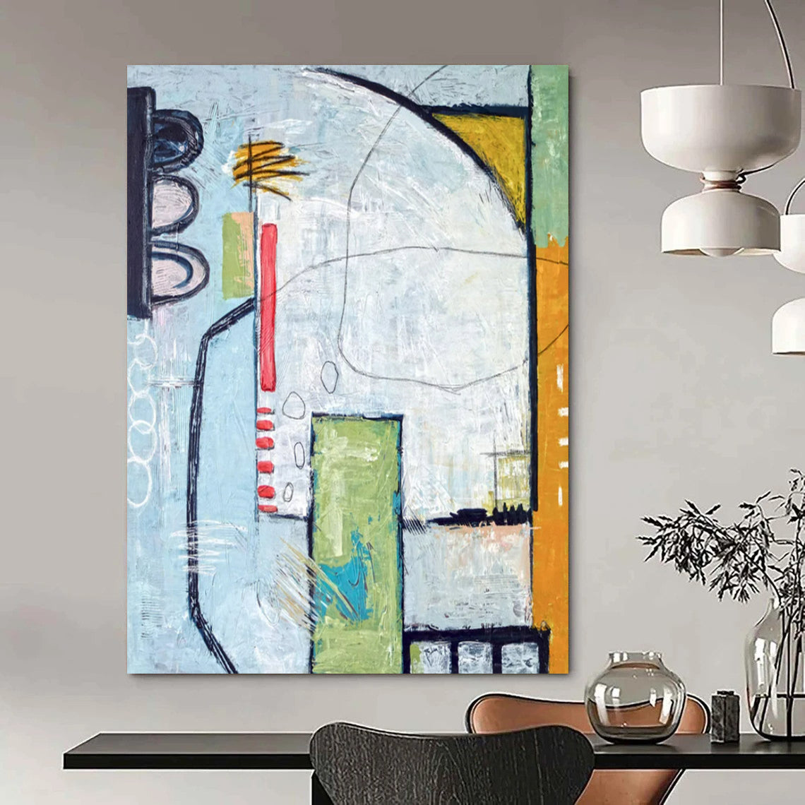 Urban Abstract with Traffic Light Motif - Blues, Greens, and Pops of Red Painting On Canvas CT2374