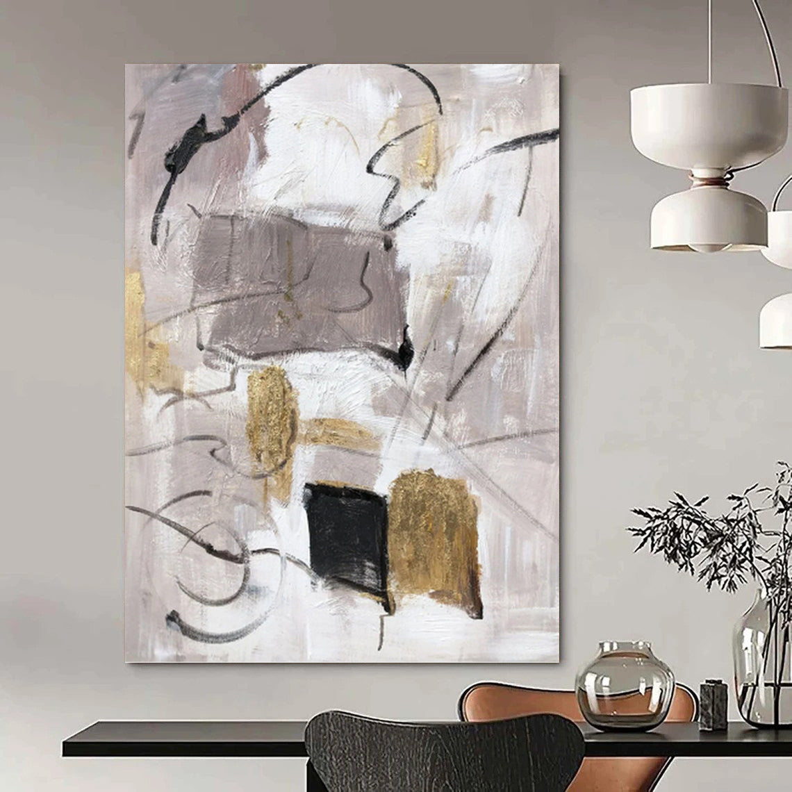 Neutral Abstract with Gold Accents - Minimalist Abstract Painting On Canvas DKH1285