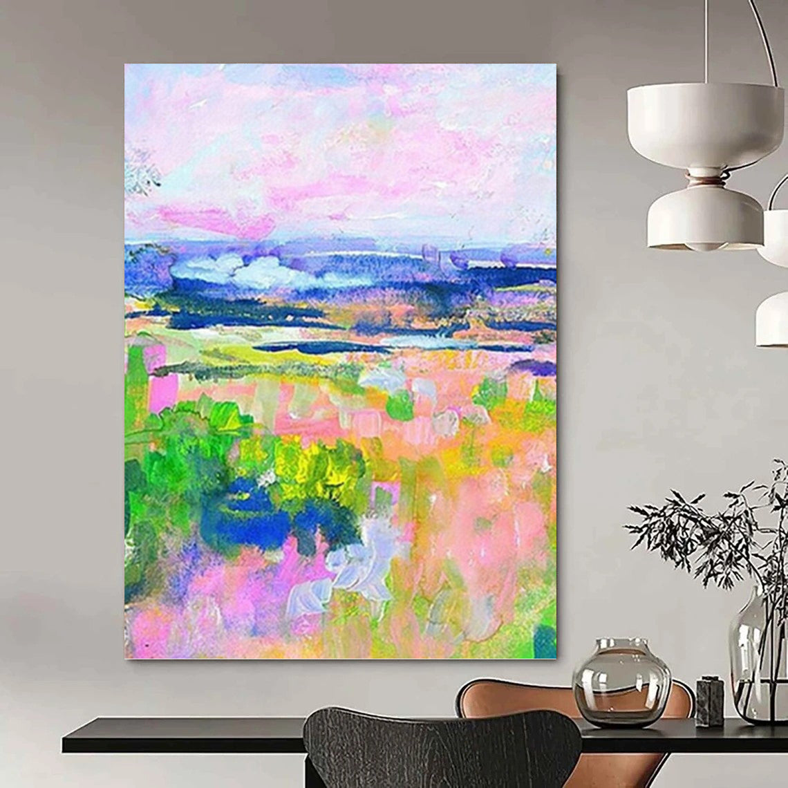 “Colorful Pastel Landscape” - Pink, Purple & Green Impressionistic Painting On Canvas DKH0934