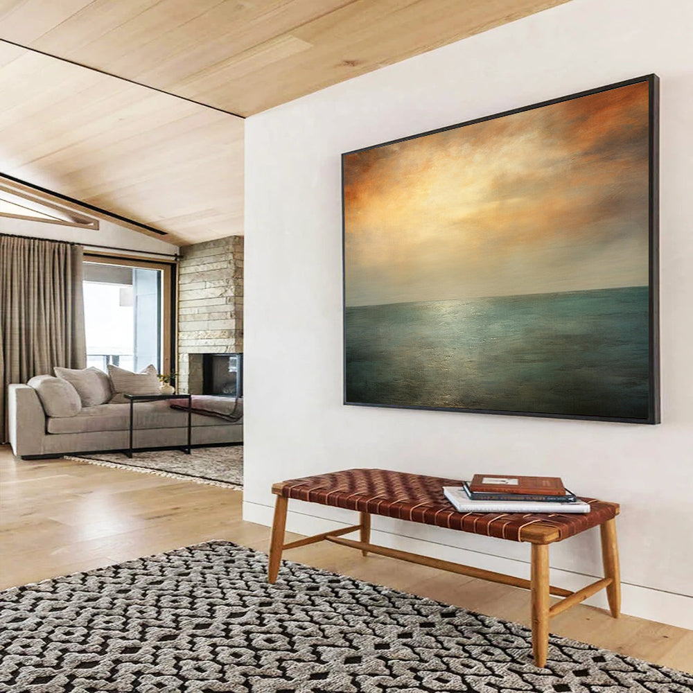 “Orange, Teal, Gray Seaside ‘Eternal Sunset’” - Abstract Seascape Painting On Canvas DLZ010