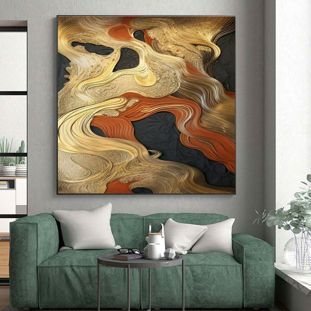 “Gold - Red - Black Abstract Waves” ,Abstract Textured Painting CT0822