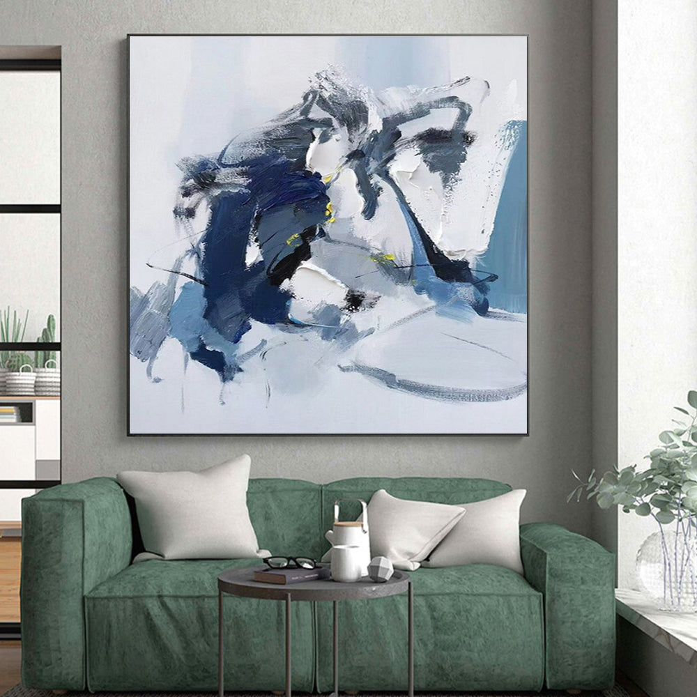 Blue, Gray, White & Yellow Abstract Forms, “Airy Motion” - Impasto Abstract Painting CT0780
