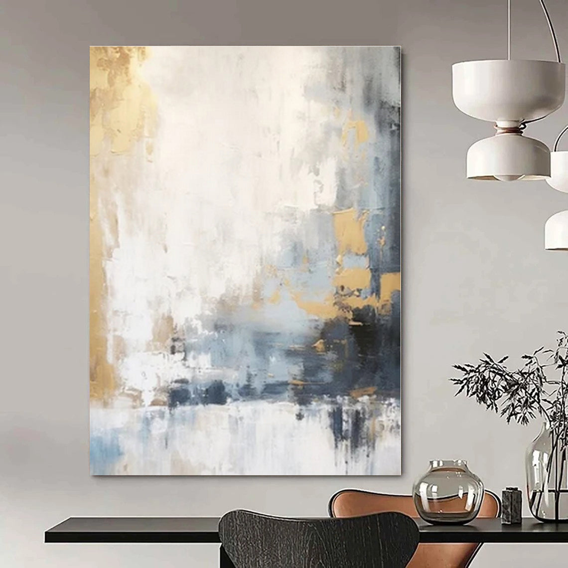 Neutral Tones with Gold & Blue - Abstract Expressionist Acrylic On Canvas CT1339
