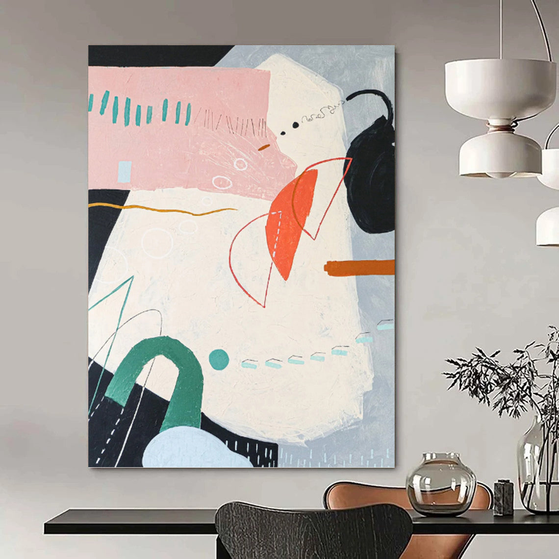 “Pastel - Colored Abstract with Geometric and Organic Shapes” - Whimsical Abstract Painting On Canvas DKH1102