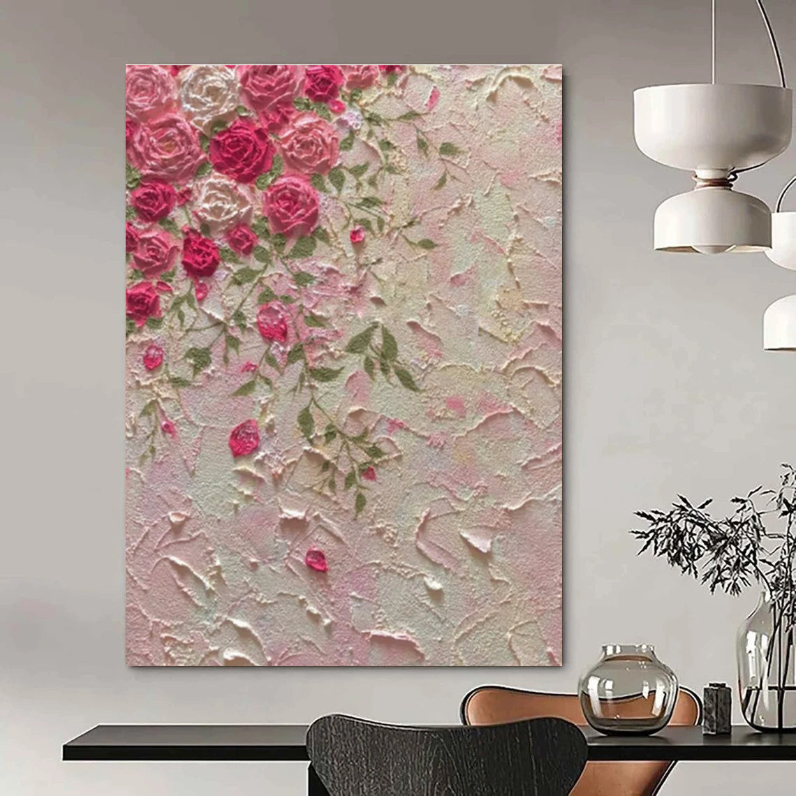 Pink & Green Roses, Textured Background - "Textured Blooms" - Impasto Oil Painting CT1450