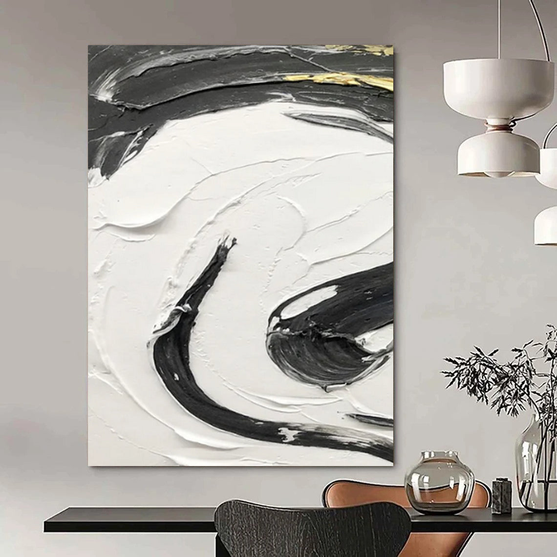 “Black, White, Gold Textured Swirls ‘Opulent Energy’” - Impasto Abstract Painting On Canvas DTP378