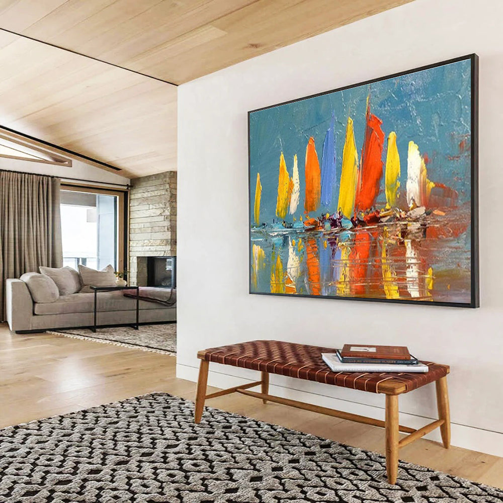 “Colorful Sailboats”:Impressionistic Marine Painting On Canvas DKH254