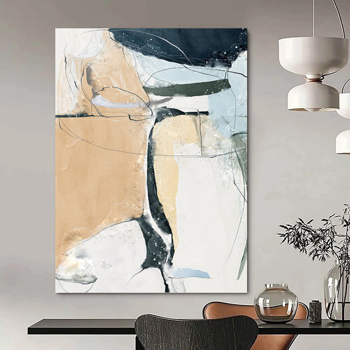 “Fluid Connections” - Beige, Blue, Black & White Abstract Lines Painting On Canvas DKH1523