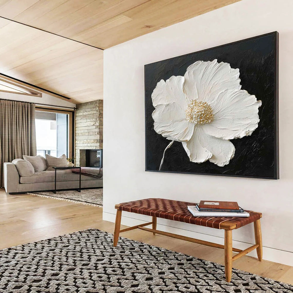 “Textured White Flower on Black” 3D Floral Painting On Canvas DLZ091