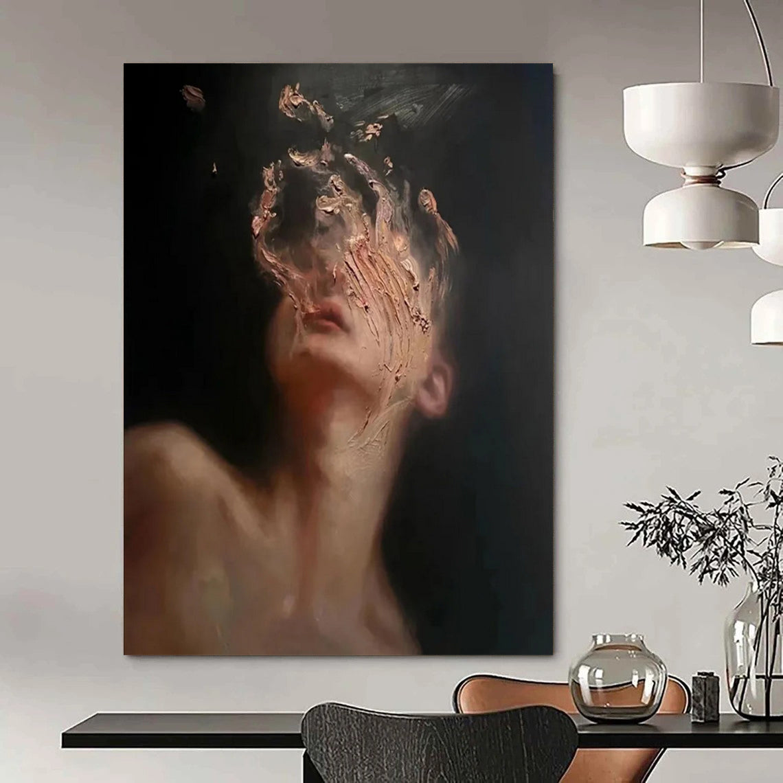 “Black, Beige, Gold Abstract Portrait ‘Ethereal Face’” - Textured Figurative Painting On Canvas DTP315