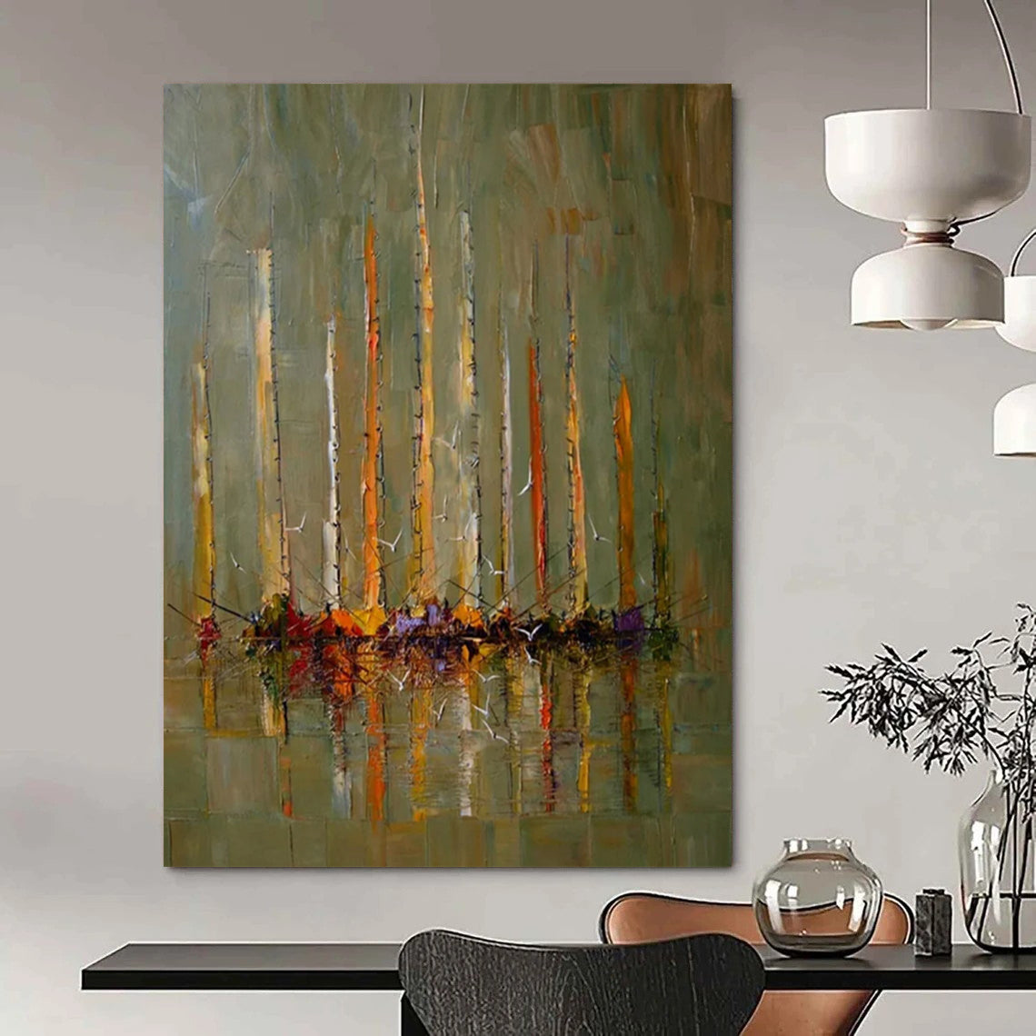 “Green, Orange, Yellow Sailboats ‘Harbor Harmony’” - Impasto Boat & Sea Painting On Canvas DTP330