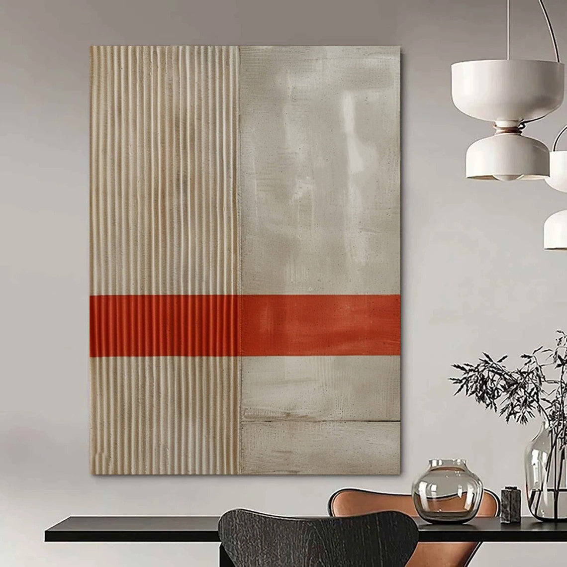“Beige - Gray with Red Stripe” - Minimalist Textured Painting On Canvas DTP007