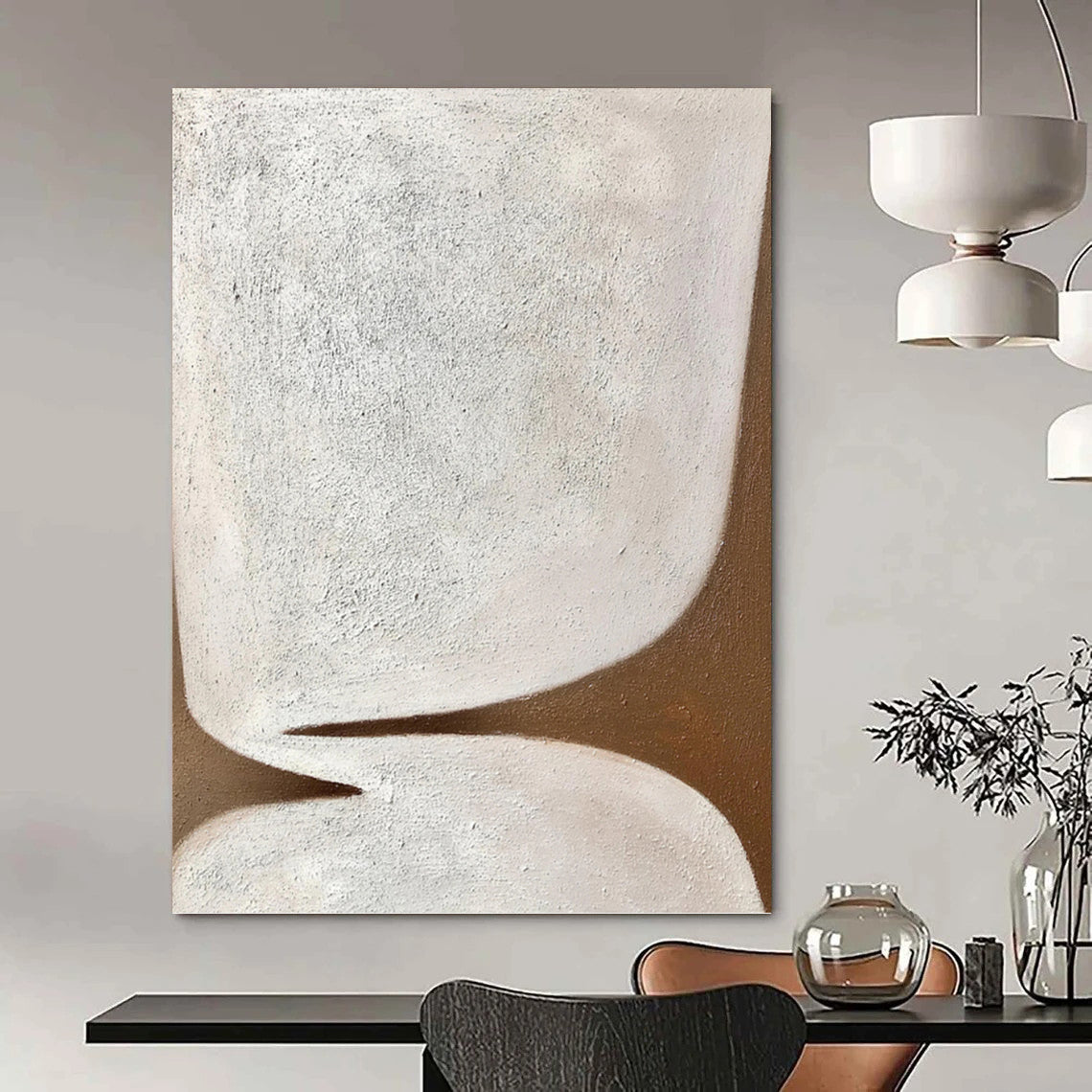 “Minimalist Shapes” - White & Brown Textured Abstract Painting On Canvas DKH1179